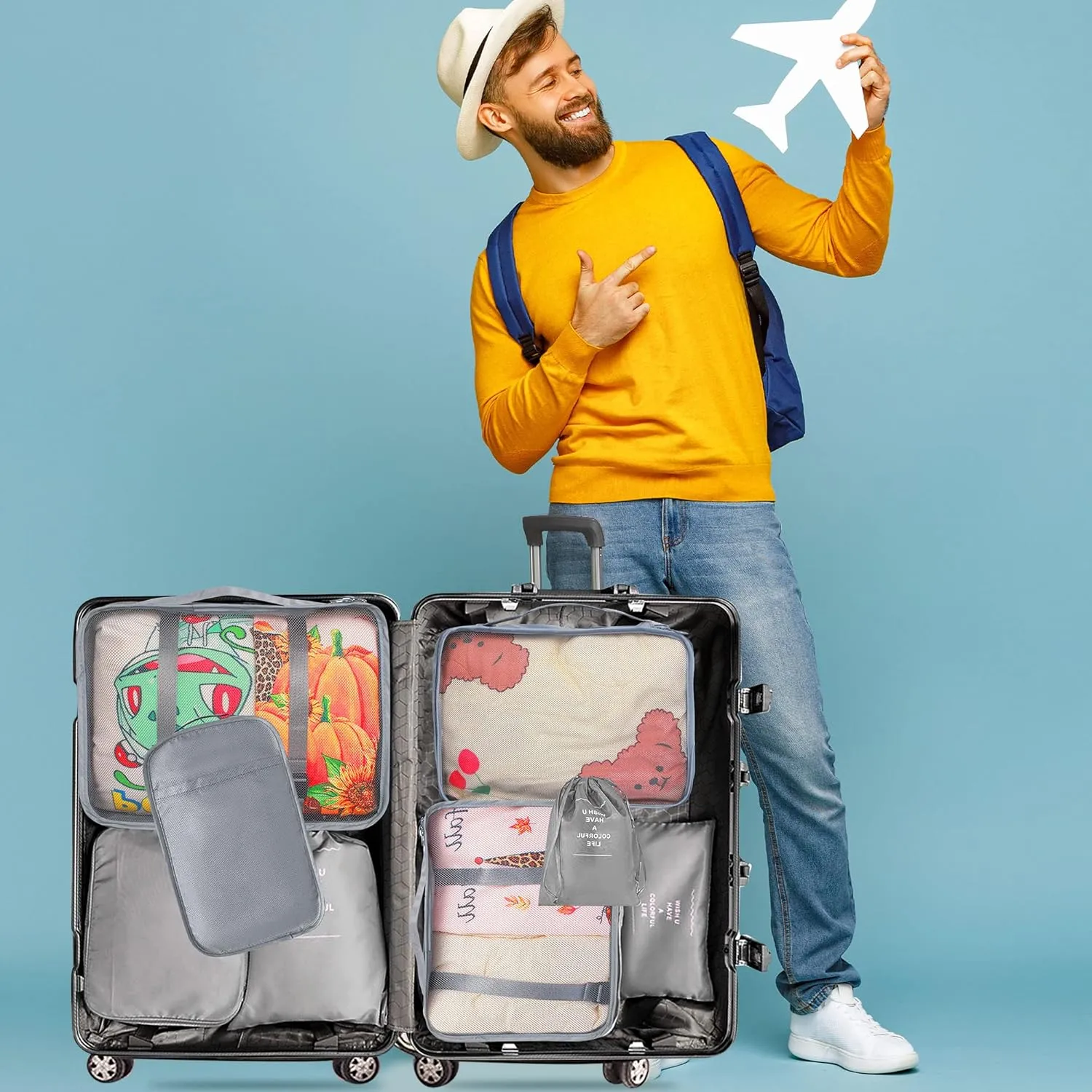 8 Set Packing Cubes for Suitcases, kingdalux Grey Travel Luggage Packing Organizers with Laundry Bag, Compression Storage Shoe Bag, Clothing Underwear Bag, for Women & Man