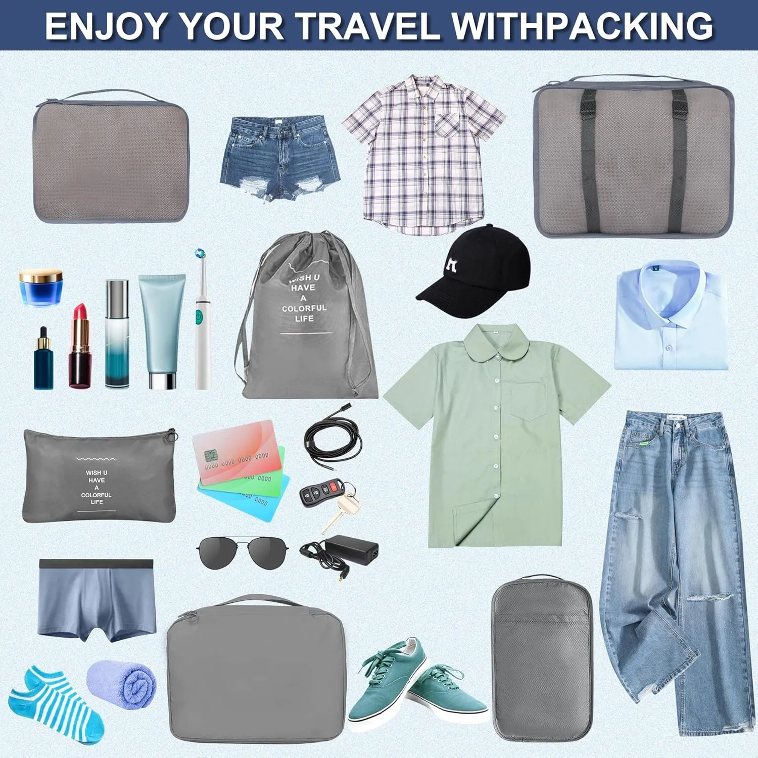 8 Set Packing Cubes for Suitcases, kingdalux Grey Travel Luggage Packing Organizers with Laundry Bag, Compression Storage Shoe Bag, Clothing Underwear Bag, for Women & Man