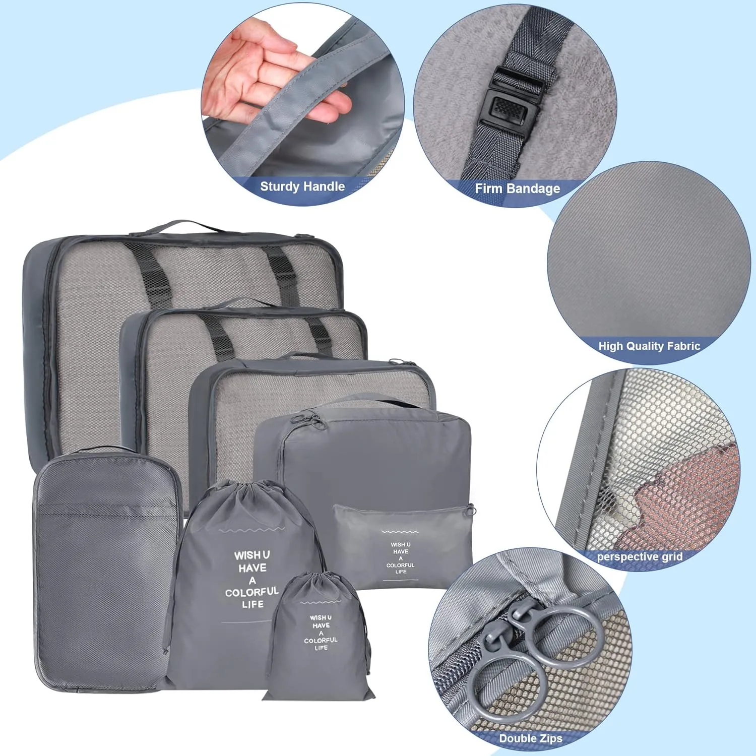 8 Set Packing Cubes for Suitcases, kingdalux Grey Travel Luggage Packing Organizers with Laundry Bag, Compression Storage Shoe Bag, Clothing Underwear Bag, for Women & Man