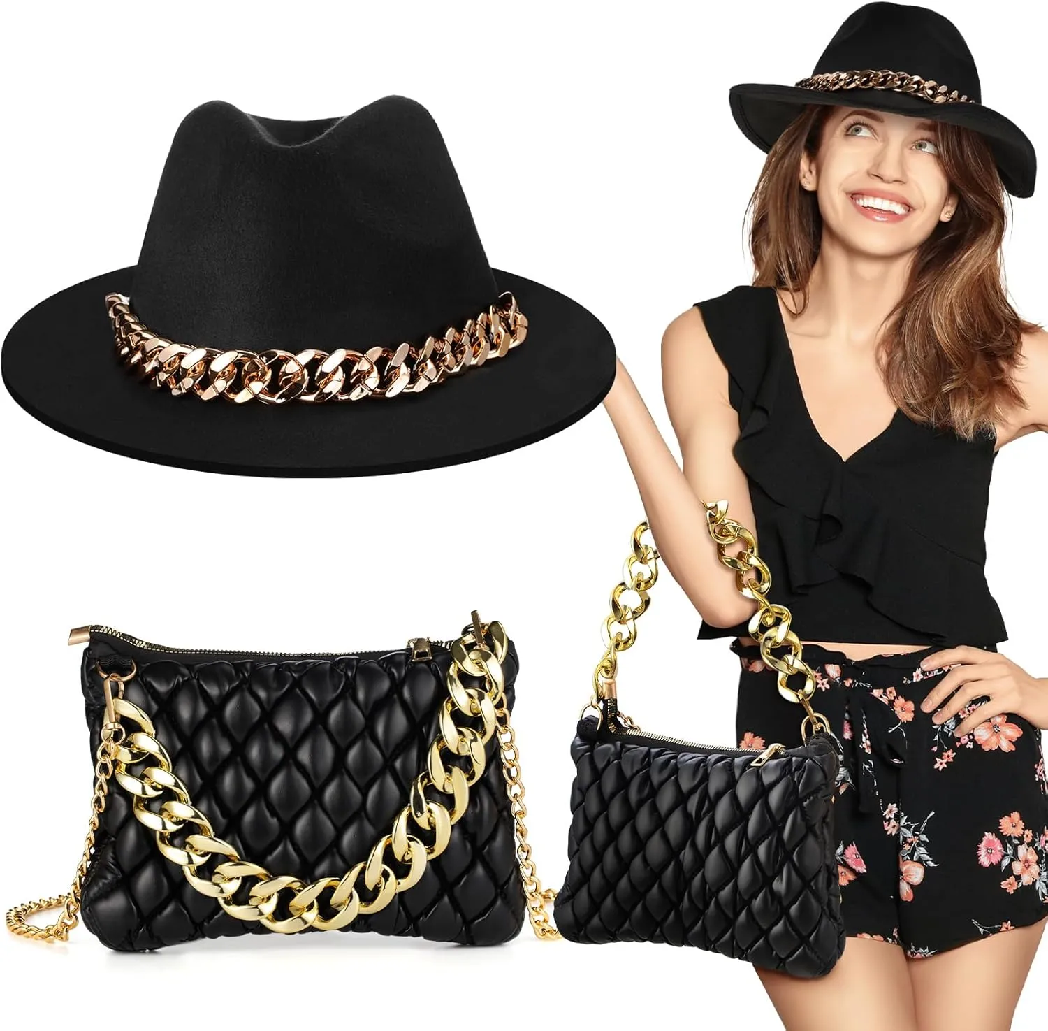 Abbylike 2 Pcs Fashionable Black Wide Brim Hat and Black Crossbody Bag Set PU Leather Quilted Purse for Women