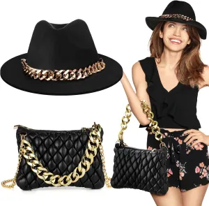 Abbylike 2 Pcs Fashionable Black Wide Brim Hat and Black Crossbody Bag Set PU Leather Quilted Purse for Women