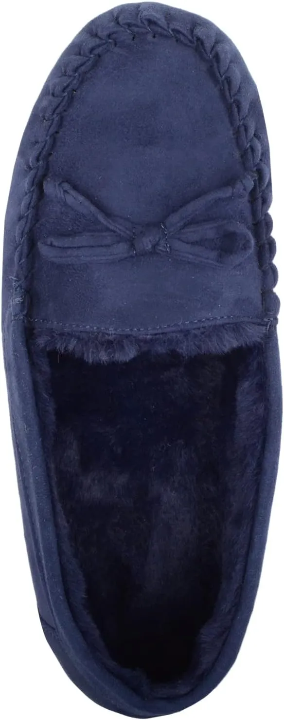ABSOLUTE FOOTWEAR Womens Soft Bow Design Slip On Faux Fur Lined Moccasin Slippers