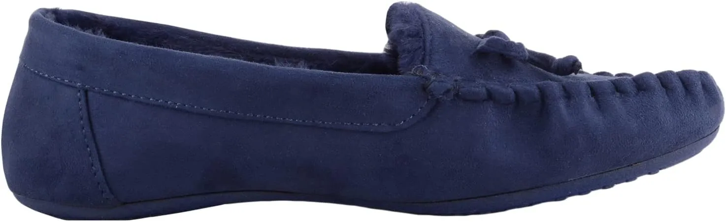 ABSOLUTE FOOTWEAR Womens Soft Bow Design Slip On Faux Fur Lined Moccasin Slippers