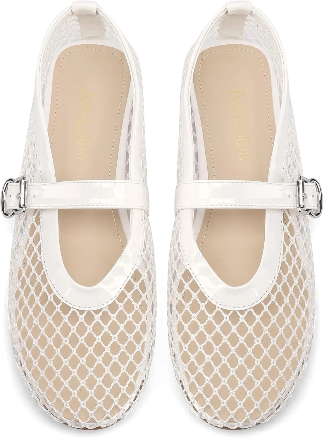 Adrizzlein Mesh Ballet Flats for Women Fishnet Ballerina Flats Buckle Strap Mesh Ballet Shoes Wide Width Casual Summer Dress Flat Shoes