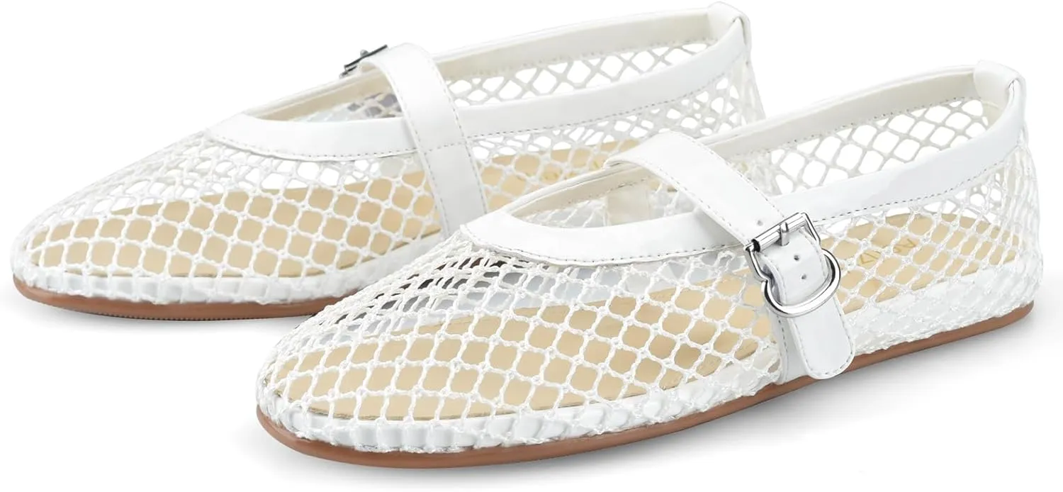 Adrizzlein Mesh Ballet Flats for Women Fishnet Ballerina Flats Buckle Strap Mesh Ballet Shoes Wide Width Casual Summer Dress Flat Shoes