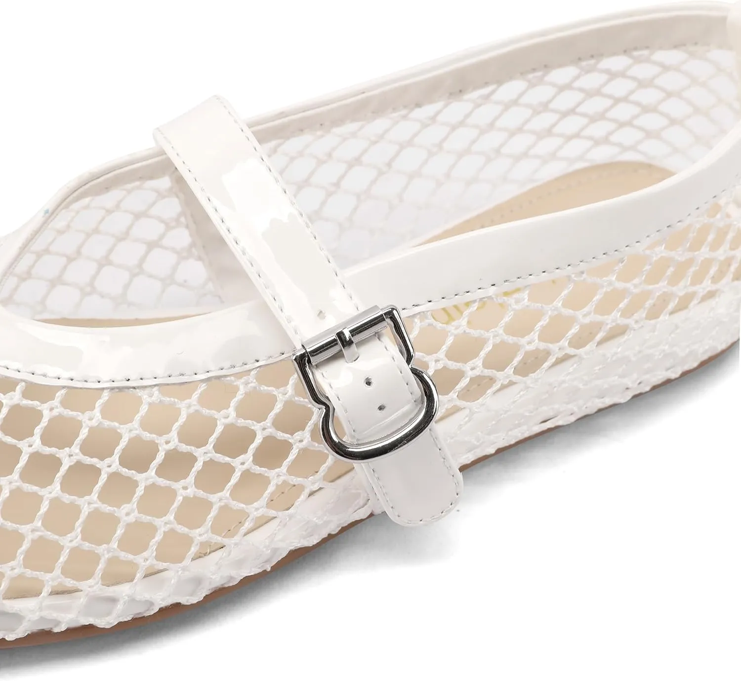 Adrizzlein Mesh Ballet Flats for Women Fishnet Ballerina Flats Buckle Strap Mesh Ballet Shoes Wide Width Casual Summer Dress Flat Shoes