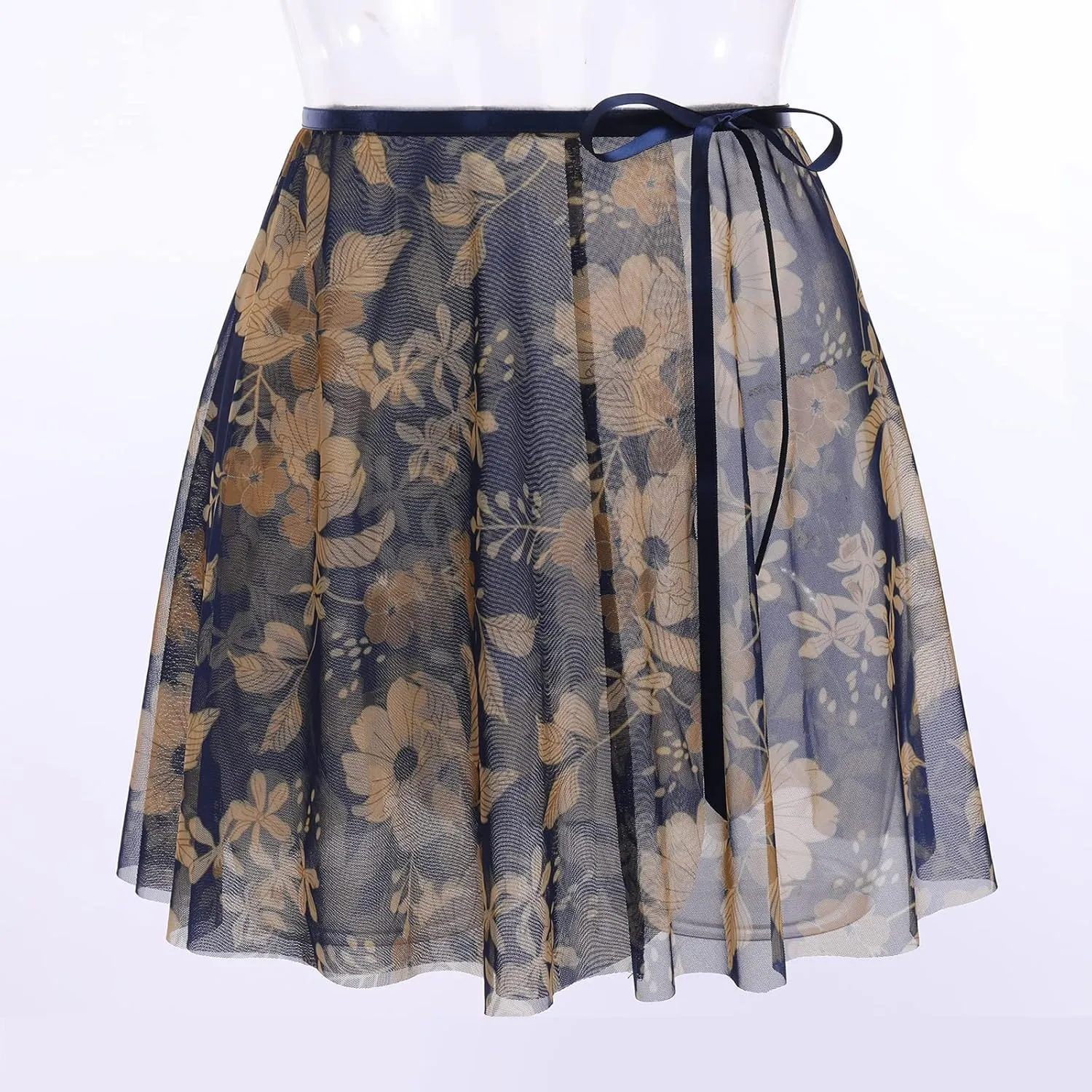 AFAVOM Women Ballet Dance Skirt - Floral Sheer Mesh Ballerina Tie Waist Over Scarf Gymnastics Chiffon Skirt