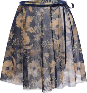 AFAVOM Women Ballet Dance Skirt - Floral Sheer Mesh Ballerina Tie Waist Over Scarf Gymnastics Chiffon Skirt