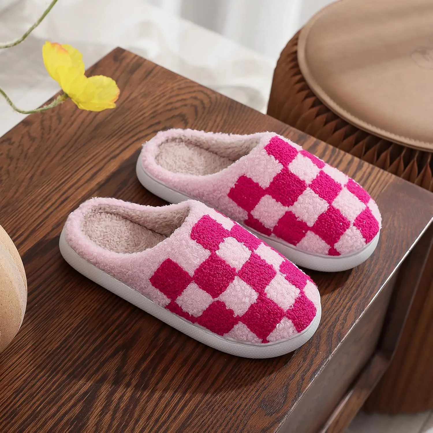 Afellicy Halloween Christmas Slippers Checkered Scuff for Women and Men Holiday Indoor Bedroom Fluffy Warm Fleece Slippers Winter Soft Cozy Home Non-Slip Soft Plush Slip-on Wool Lined House Shoes