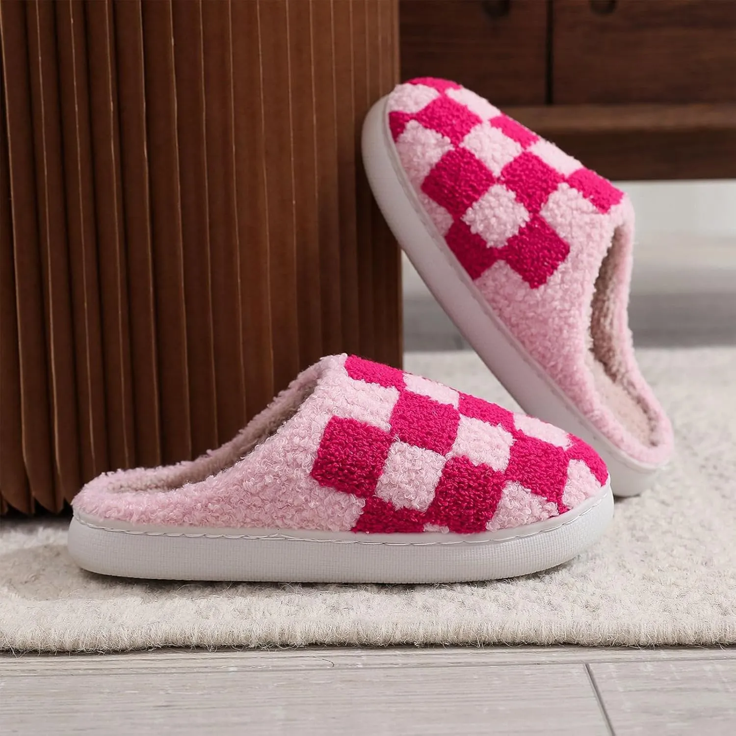 Afellicy Halloween Christmas Slippers Checkered Scuff for Women and Men Holiday Indoor Bedroom Fluffy Warm Fleece Slippers Winter Soft Cozy Home Non-Slip Soft Plush Slip-on Wool Lined House Shoes