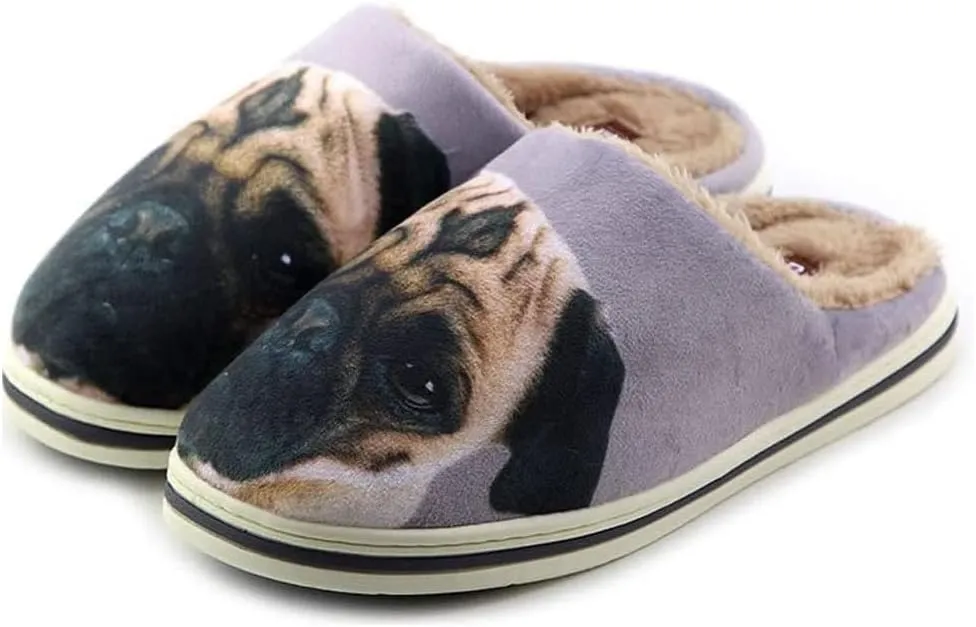 AFISH Unisex Pug Slippers - Soft Cotton Indoor Slip-on Memory Foam Bedroom Pug Gift
