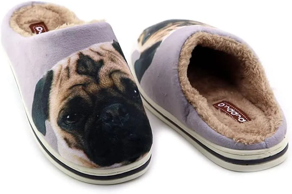 AFISH Unisex Pug Slippers - Soft Cotton Indoor Slip-on Memory Foam Bedroom Pug Gift