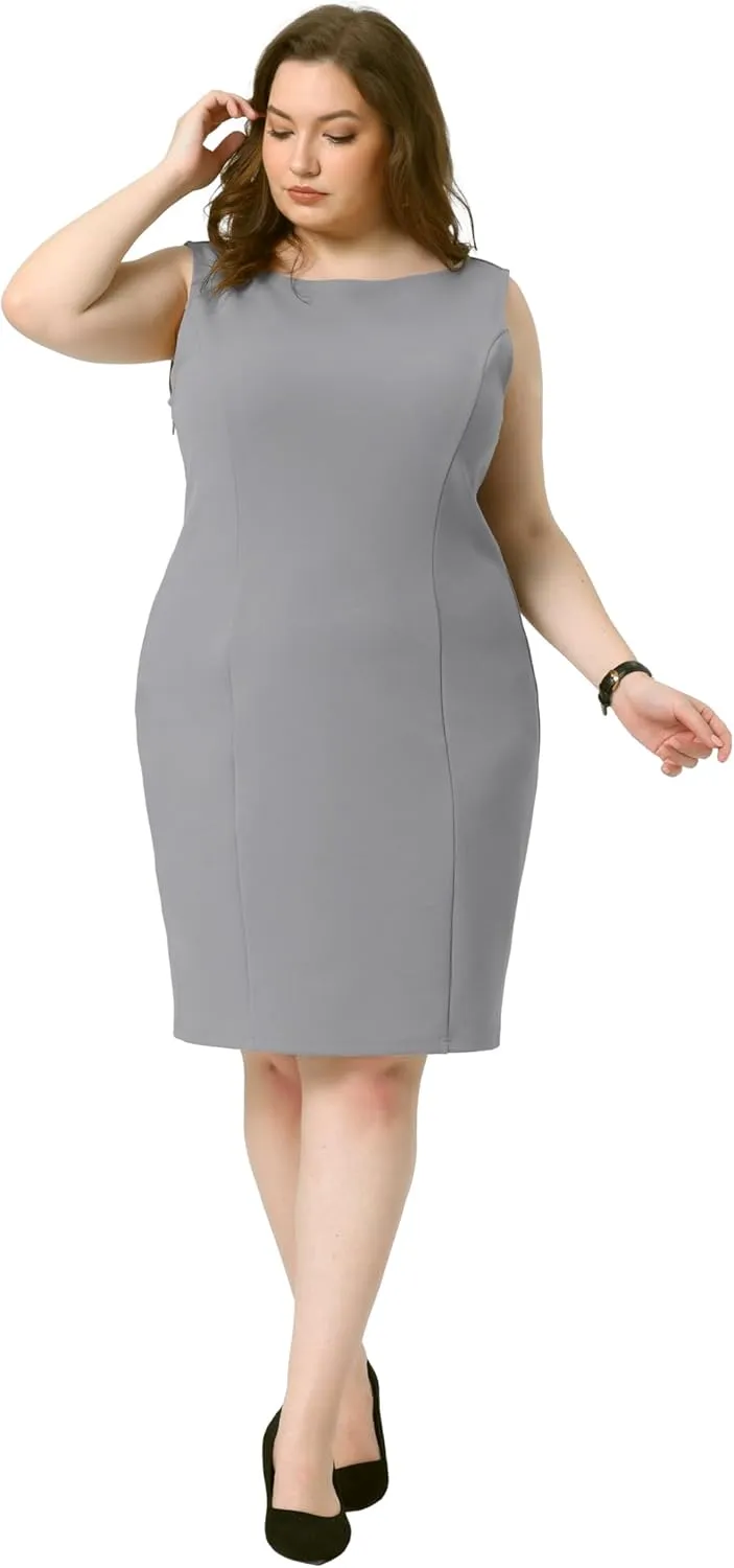 Agnes Orinda Plus Size Sheath Dress for Women Sleeveless Boat Neck Casual Straight Pencil Work Dresses