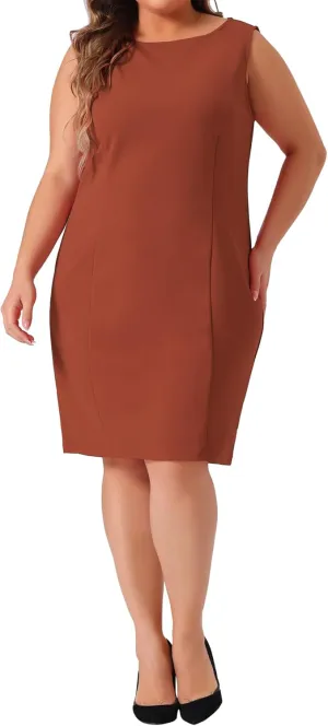 Agnes Orinda Plus Size Sheath Dress for Women Sleeveless Boat Neck Casual Straight Pencil Work Dresses