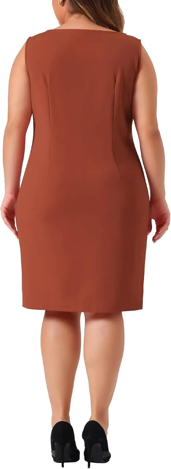 Agnes Orinda Plus Size Sheath Dress for Women Sleeveless Boat Neck Casual Straight Pencil Work Dresses