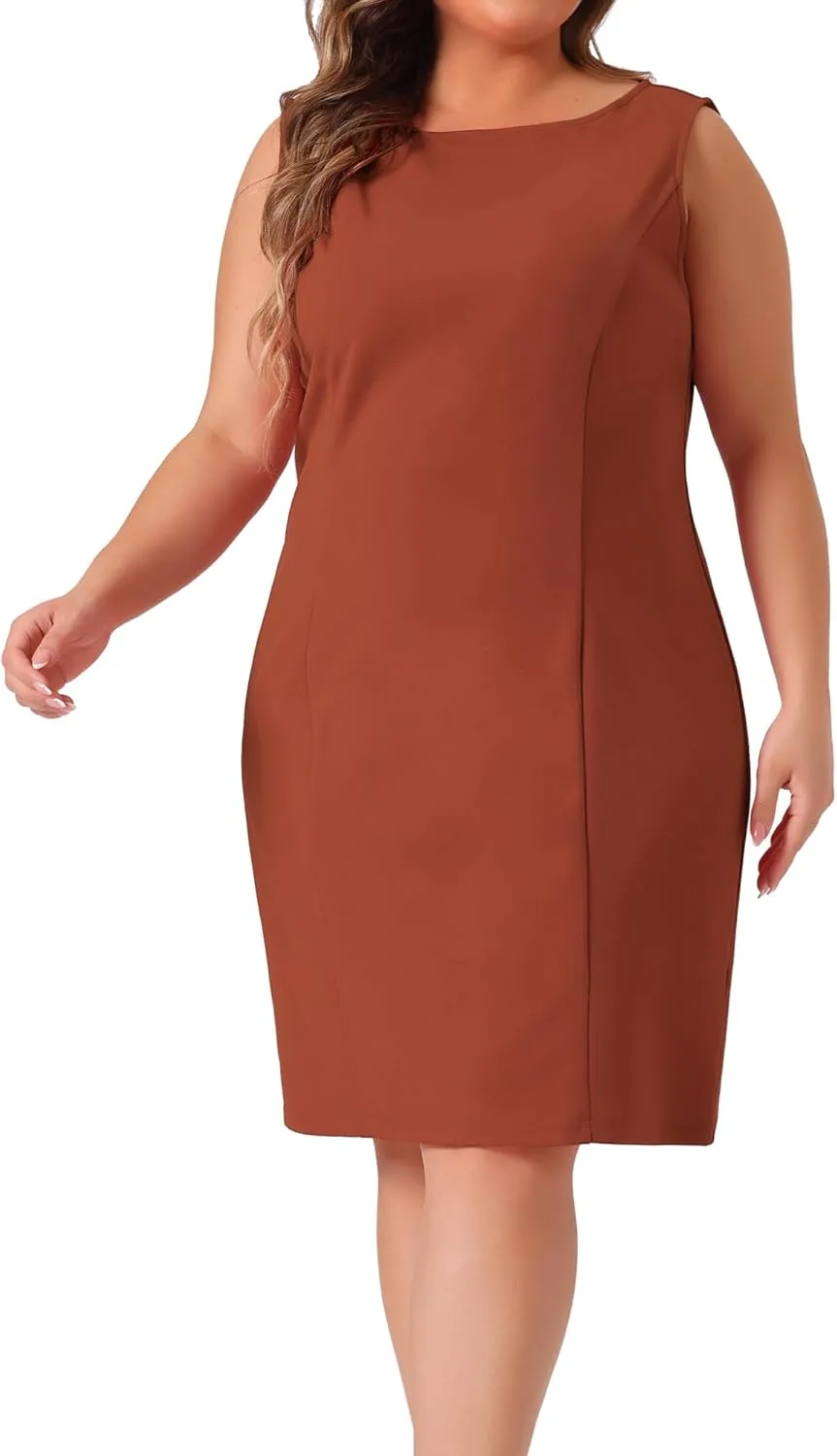Agnes Orinda Plus Size Sheath Dress for Women Sleeveless Boat Neck Casual Straight Pencil Work Dresses