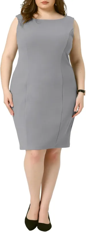 Agnes Orinda Plus Size Sheath Dress for Women Sleeveless Boat Neck Casual Straight Pencil Work Dresses