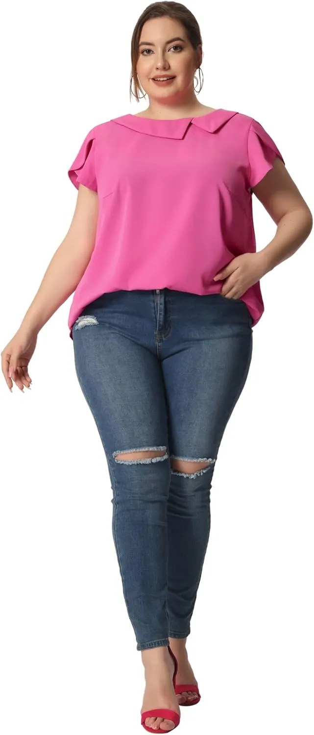 Agnes Orinda Women Plus Size Tops Boat Lapel Neck Short Sleeve Chiffon Blouses 2024 Summer Tops