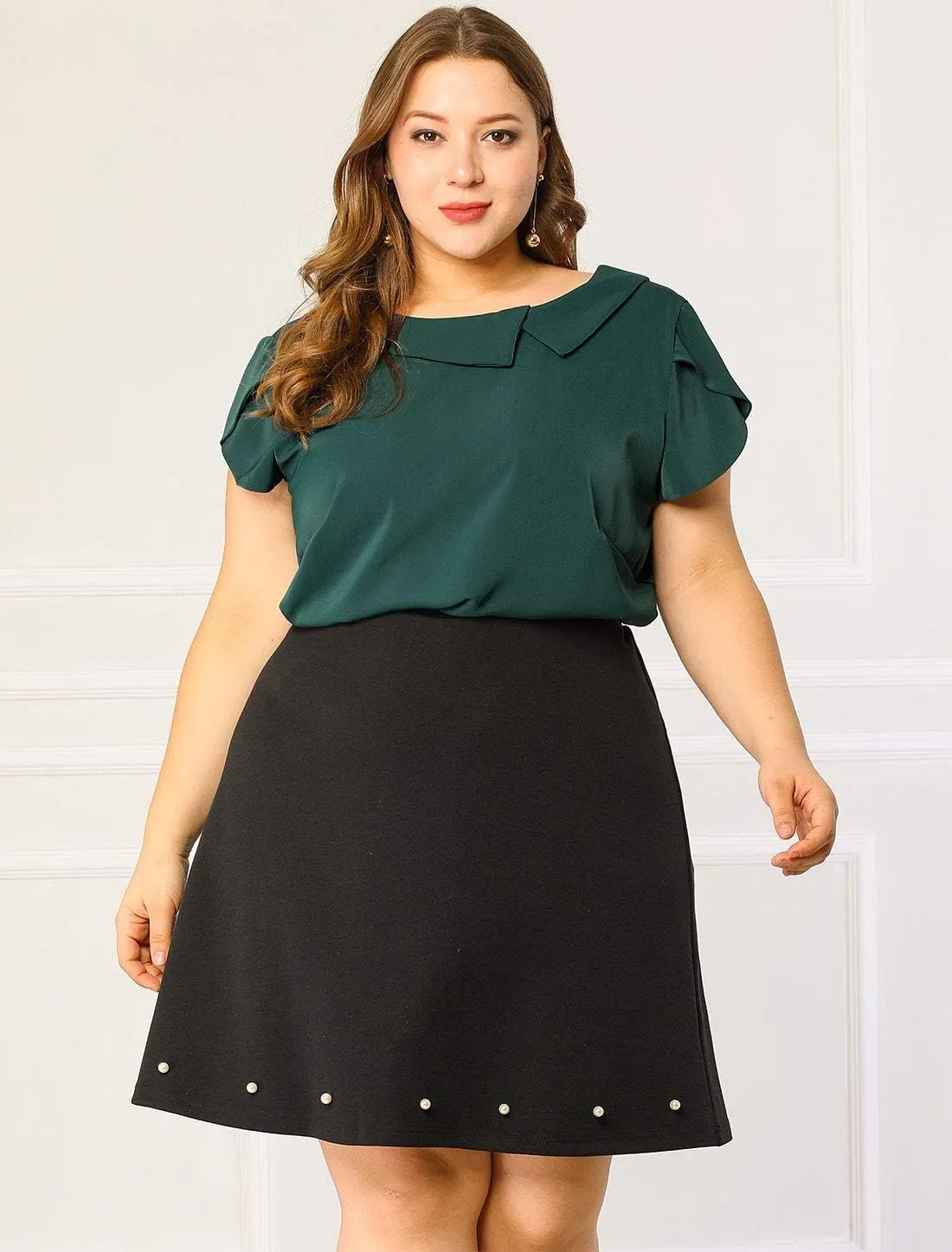 Agnes Orinda Women Plus Size Tops Boat Lapel Neck Short Sleeve Chiffon Blouses 2024 Summer Tops