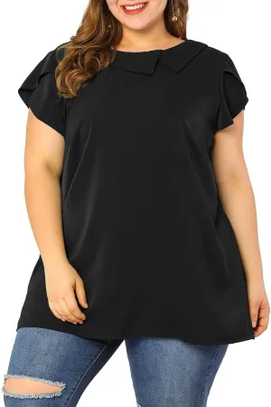 Agnes Orinda Women Plus Size Tops Boat Lapel Neck Short Sleeve Chiffon Blouses 2024 Summer Tops