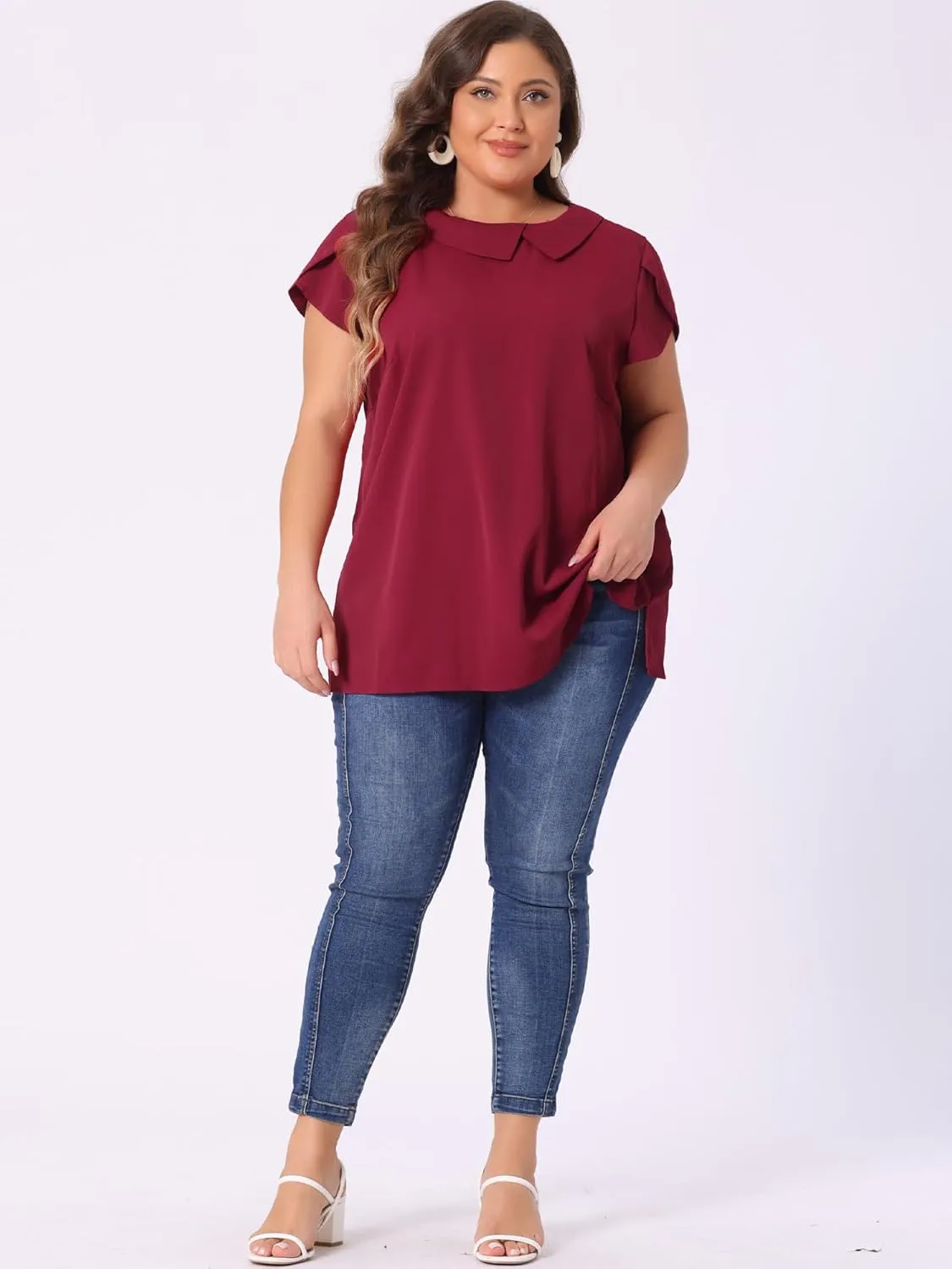 Agnes Orinda Women Plus Size Tops Boat Lapel Neck Short Sleeve Chiffon Blouses 2024 Summer Tops