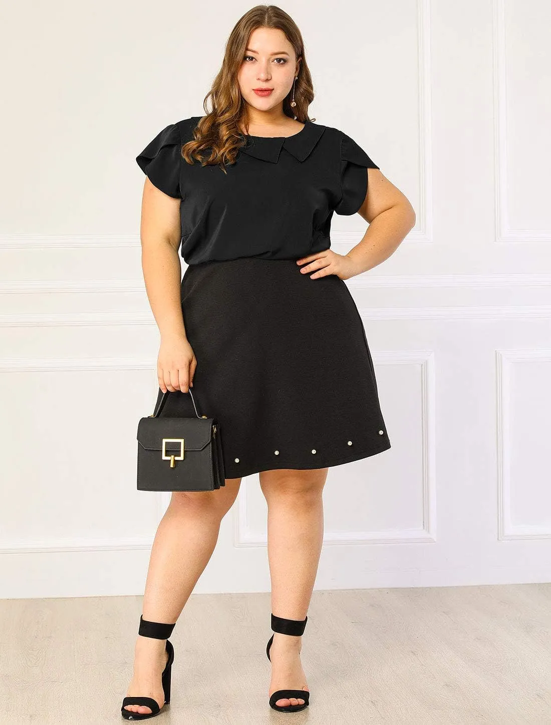 Agnes Orinda Women Plus Size Tops Boat Lapel Neck Short Sleeve Chiffon Blouses 2024 Summer Tops