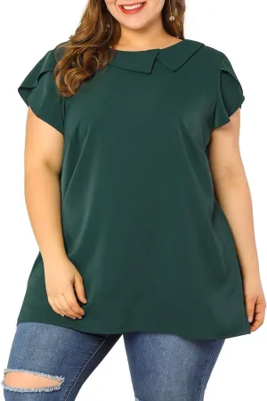 Agnes Orinda Women Plus Size Tops Boat Lapel Neck Short Sleeve Chiffon Blouses 2024 Summer Tops
