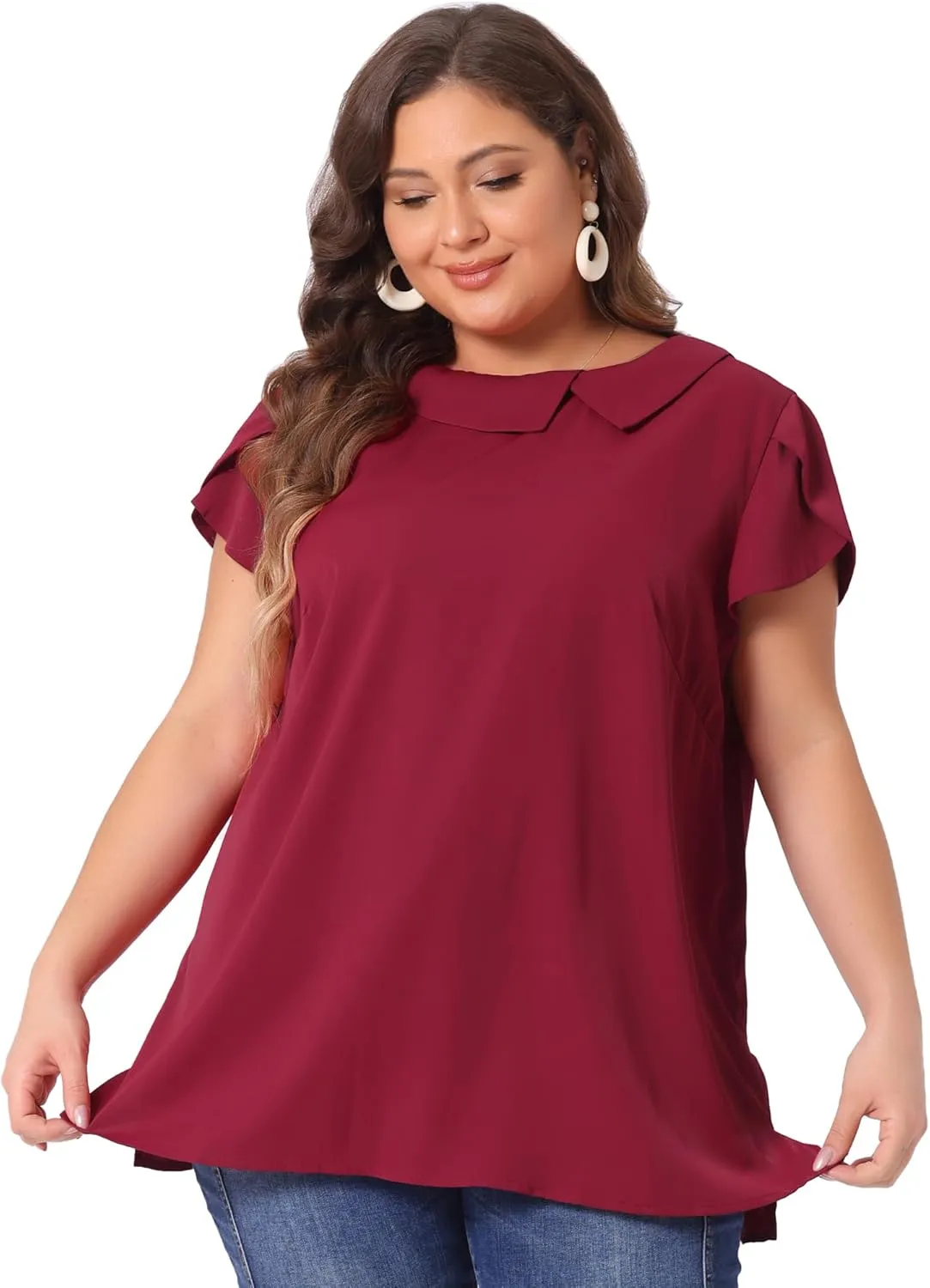 Agnes Orinda Women Plus Size Tops Boat Lapel Neck Short Sleeve Chiffon Blouses 2024 Summer Tops