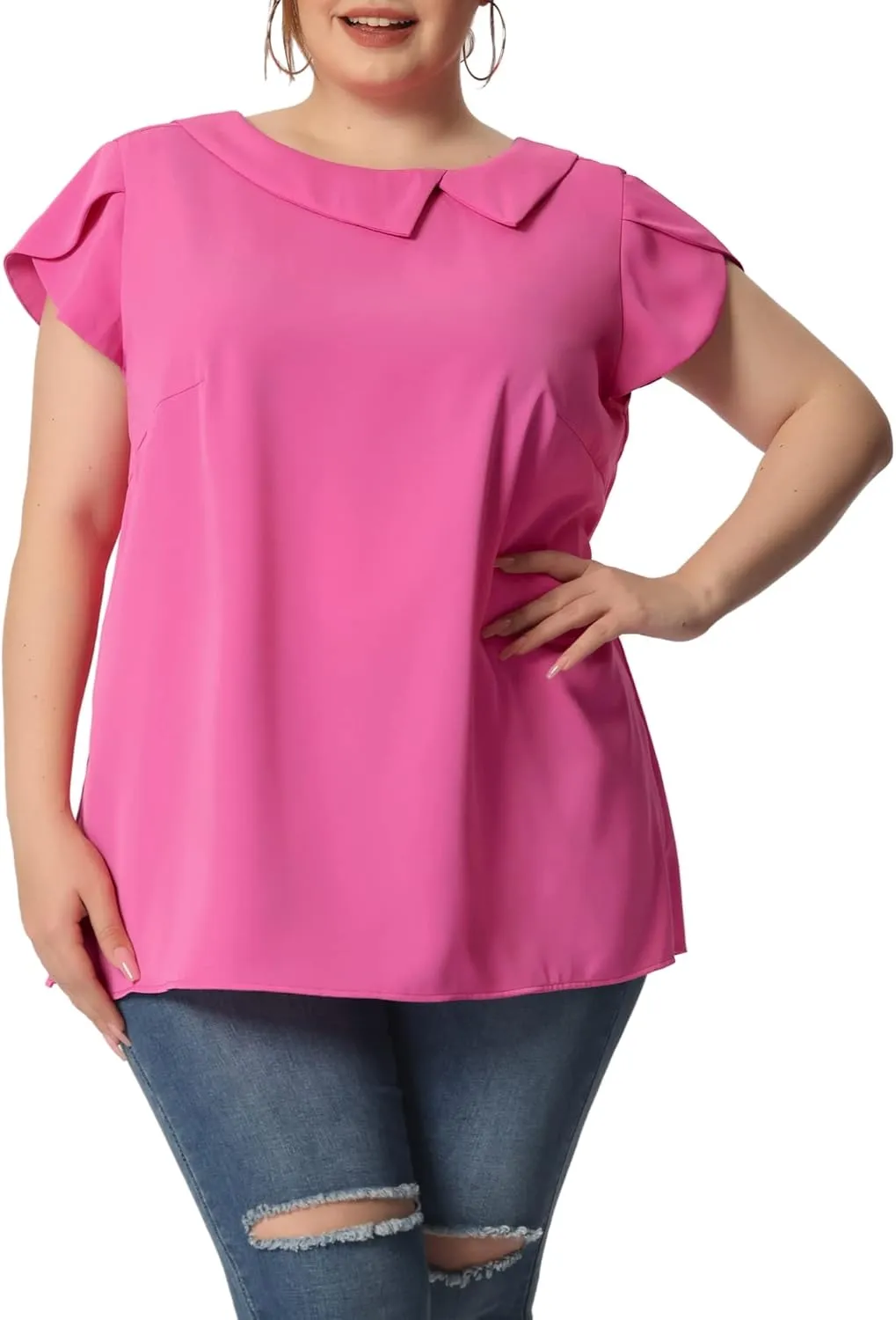 Agnes Orinda Women Plus Size Tops Boat Lapel Neck Short Sleeve Chiffon Blouses 2024 Summer Tops