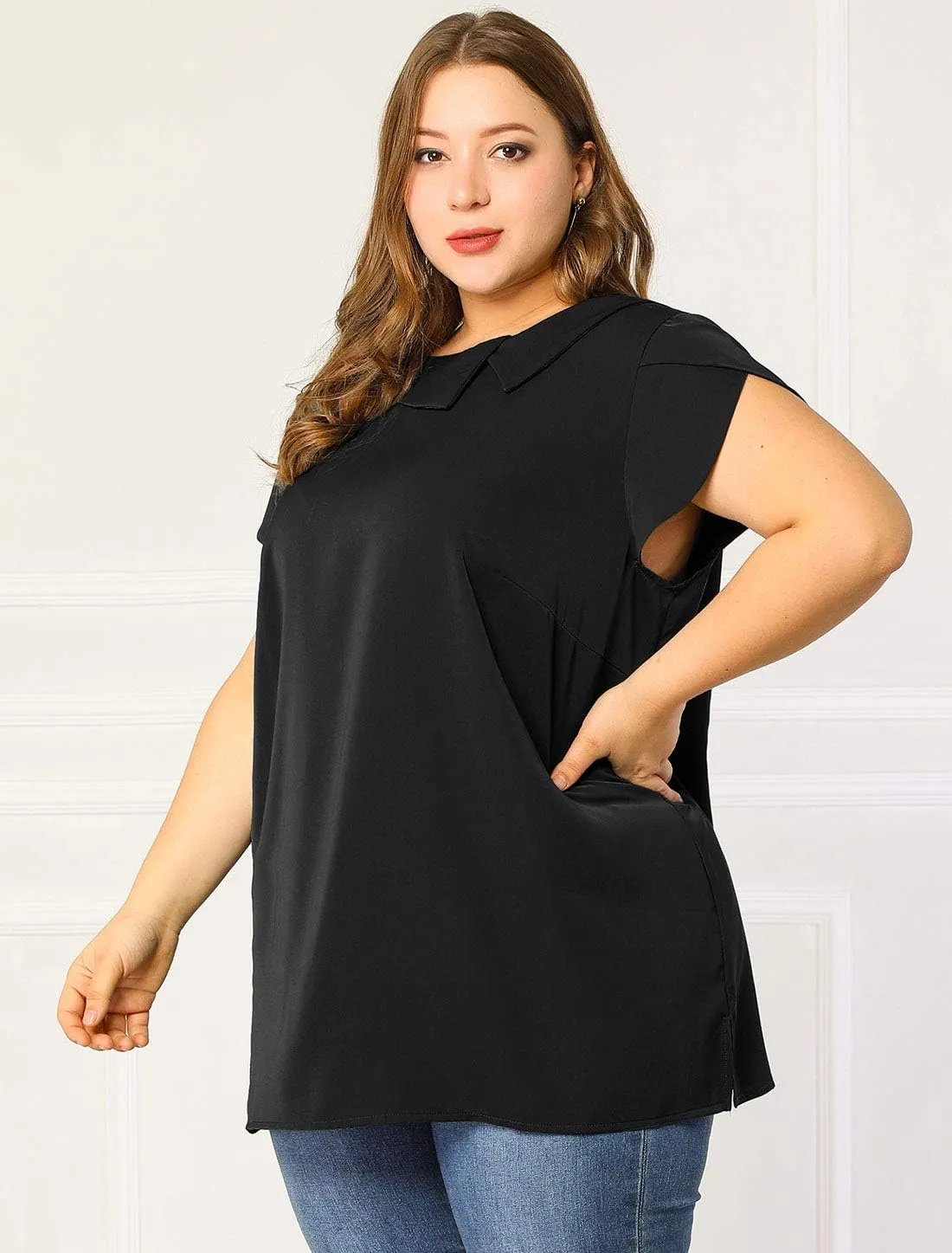 Agnes Orinda Women Plus Size Tops Boat Lapel Neck Short Sleeve Chiffon Blouses 2024 Summer Tops