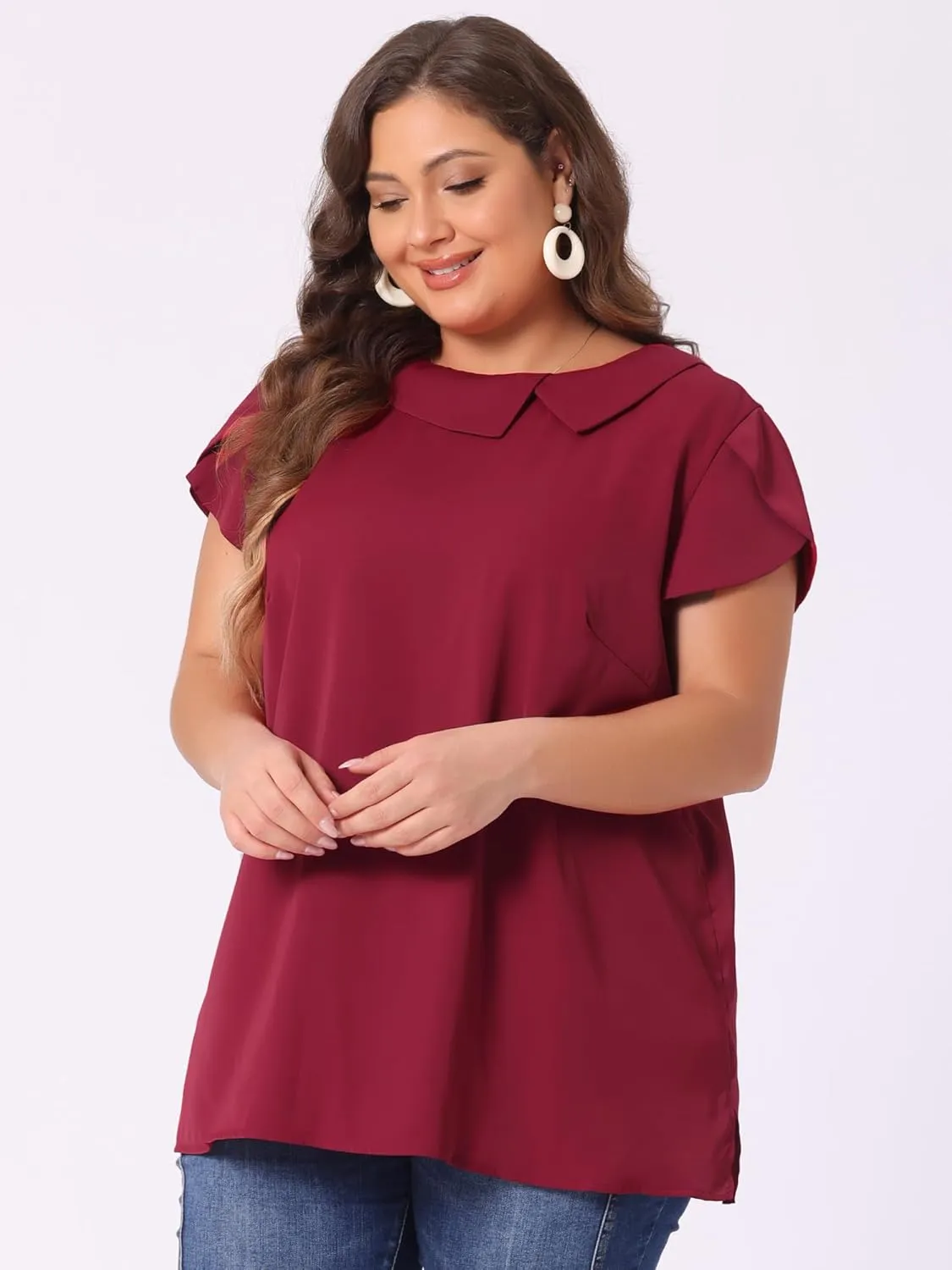 Agnes Orinda Women Plus Size Tops Boat Lapel Neck Short Sleeve Chiffon Blouses 2024 Summer Tops