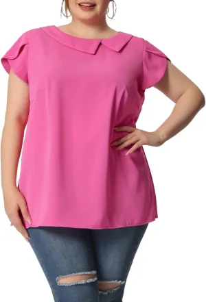 Agnes Orinda Women Plus Size Tops Boat Lapel Neck Short Sleeve Chiffon Blouses 2024 Summer Tops