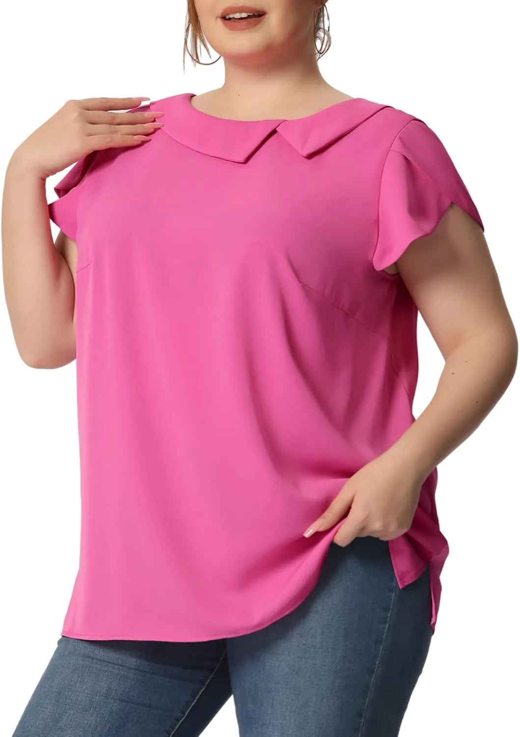 Agnes Orinda Women Plus Size Tops Boat Lapel Neck Short Sleeve Chiffon Blouses 2024 Summer Tops
