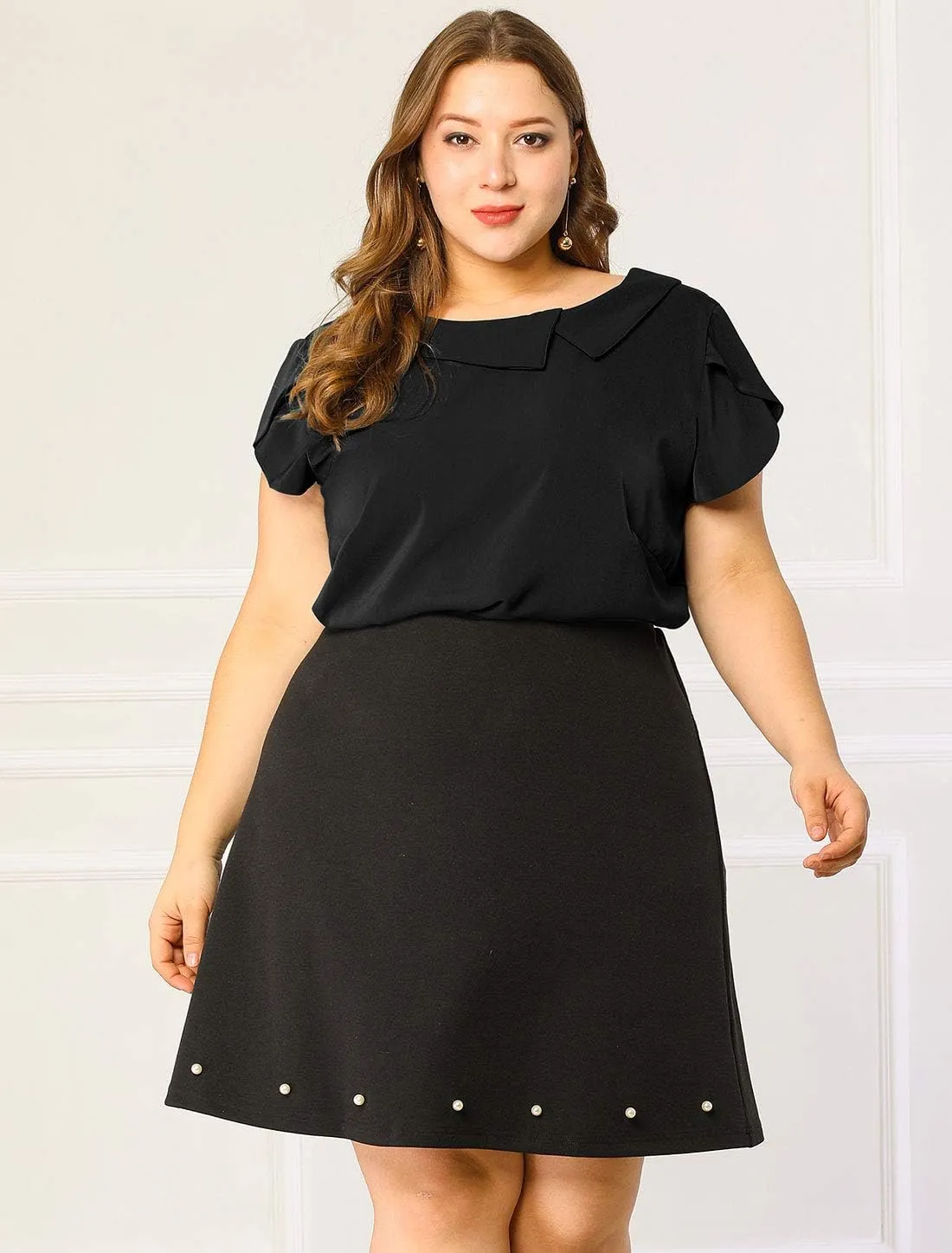 Agnes Orinda Women Plus Size Tops Boat Lapel Neck Short Sleeve Chiffon Blouses 2024 Summer Tops