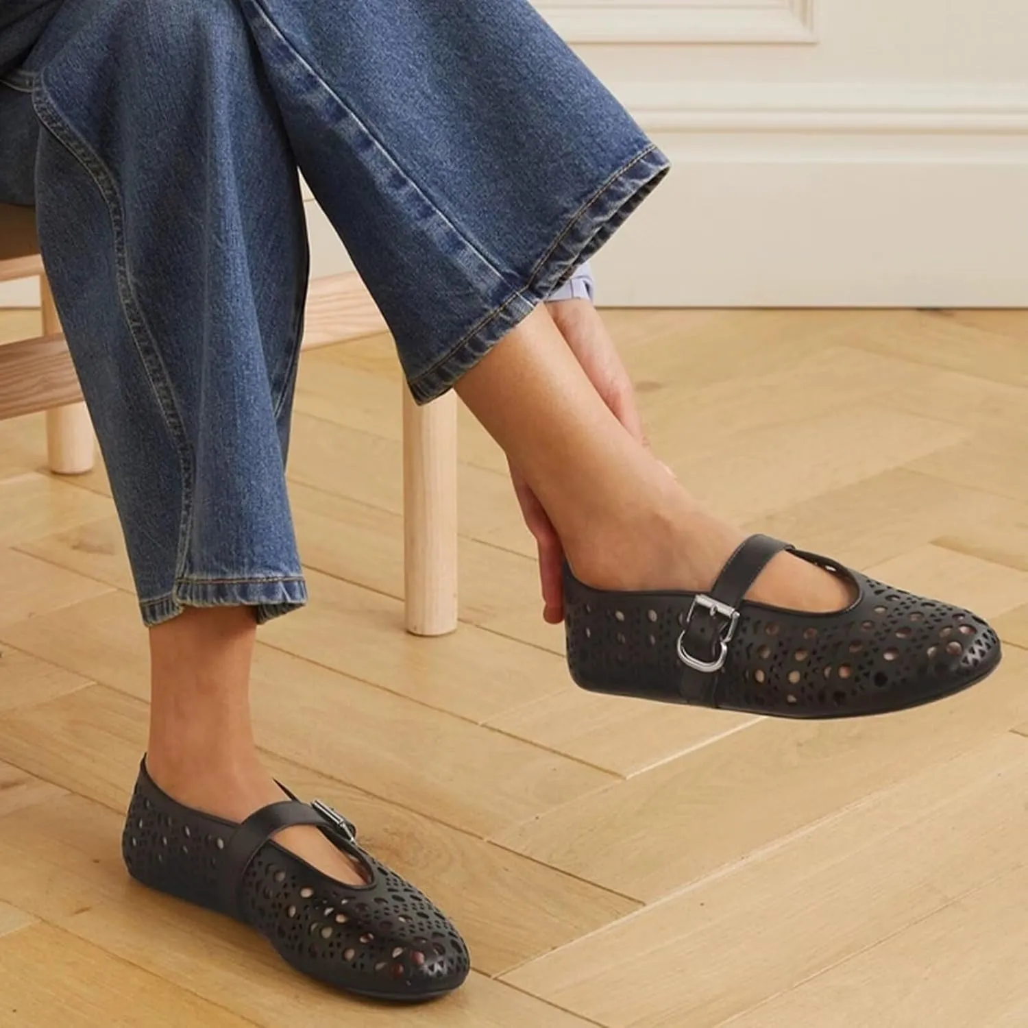 Agodor Ballerina Flats for Women,Hollow Out Round Toe Mary Jane Flats Buckle Strap Low Heel Ballet Flats Shoes for Women,Casual Comfy Daily Dress Shoes