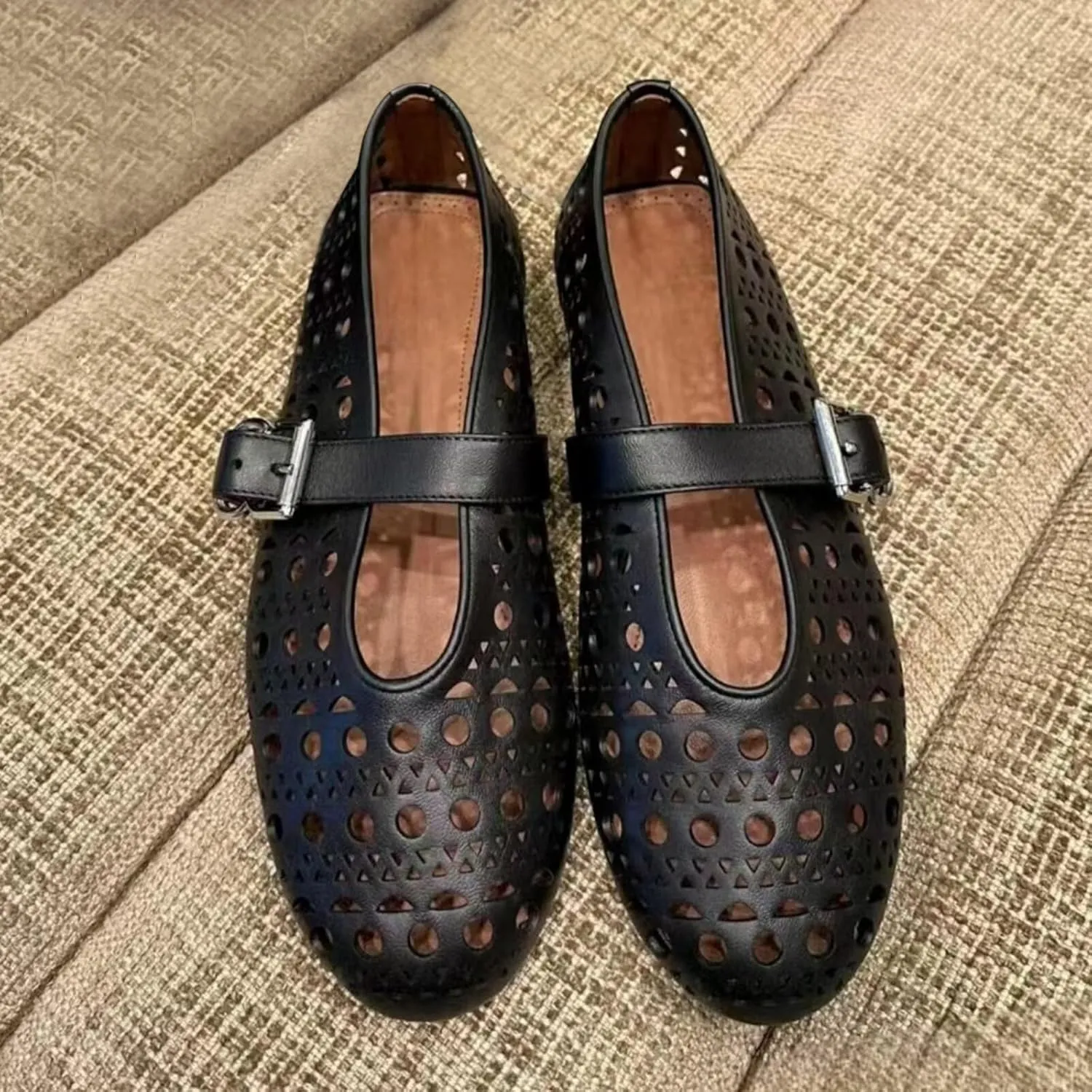 Agodor Ballerina Flats for Women,Hollow Out Round Toe Mary Jane Flats Buckle Strap Low Heel Ballet Flats Shoes for Women,Casual Comfy Daily Dress Shoes