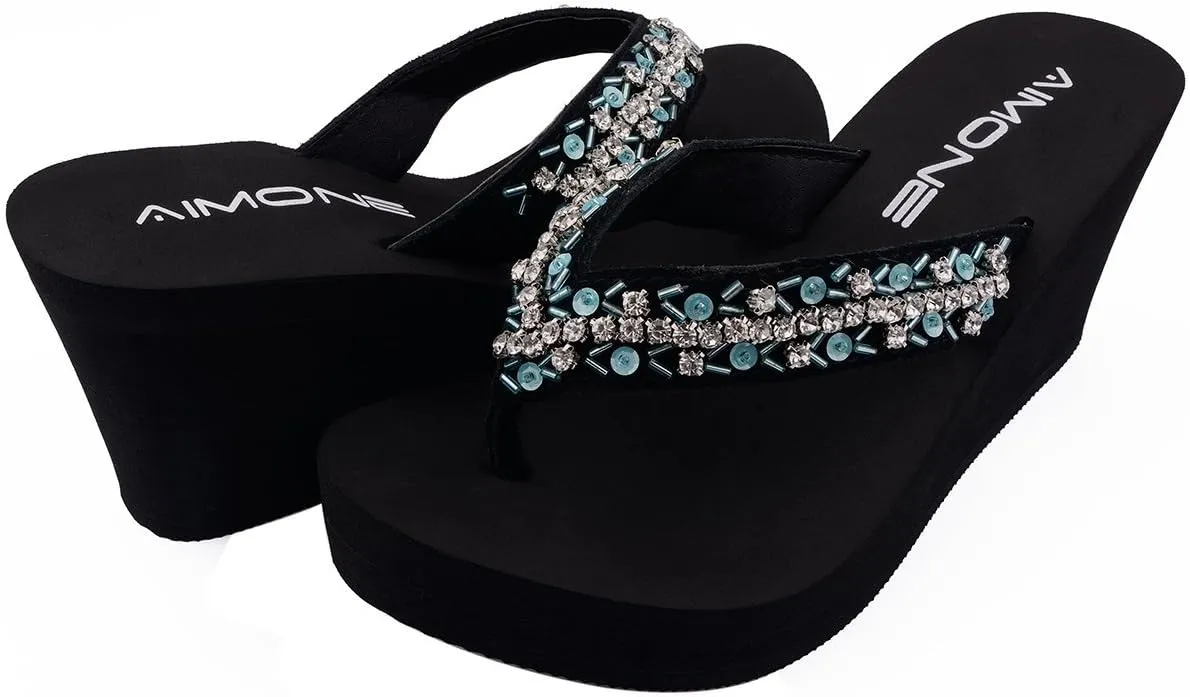 AIMONE-Appoline Wedge Flip Flop Sandals for Women Black Platform Sparkle Flip Flops Ladies Dressy Shoes