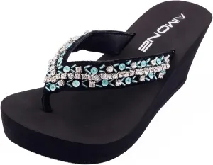 AIMONE-Appoline Wedge Flip Flop Sandals for Women Black Platform Sparkle Flip Flops Ladies Dressy Shoes