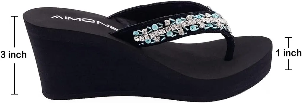 AIMONE-Appoline Wedge Flip Flop Sandals for Women Black Platform Sparkle Flip Flops Ladies Dressy Shoes