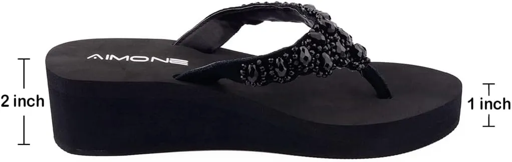 AIMONE Womens Printemps Rhinestone Mid Heel Flip Flop Thongs