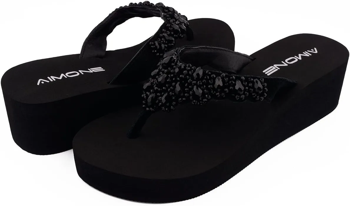 AIMONE Womens Printemps Rhinestone Mid Heel Flip Flop Thongs