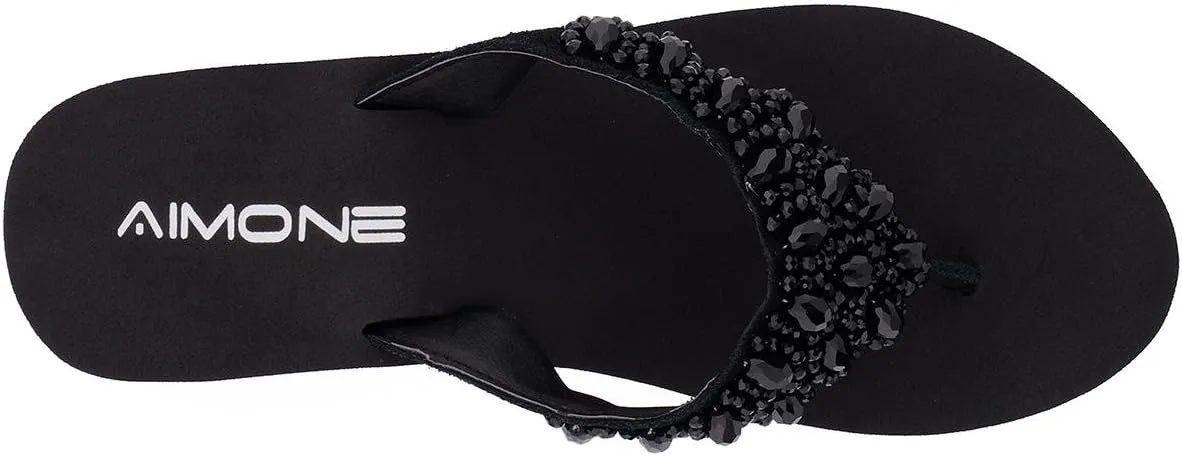 AIMONE Womens Printemps Rhinestone Mid Heel Flip Flop Thongs