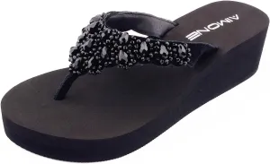 AIMONE Womens Printemps Rhinestone Mid Heel Flip Flop Thongs