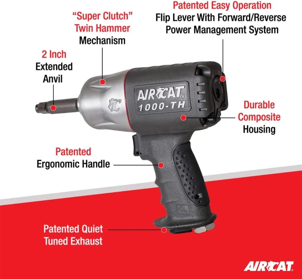 AIRCAT Pneumatic Tools 1000-TH-2: 1/2-Inch Composite Impact Wrench 1,000 ft-lbs of Torque - 2-Inch Extended Anvil