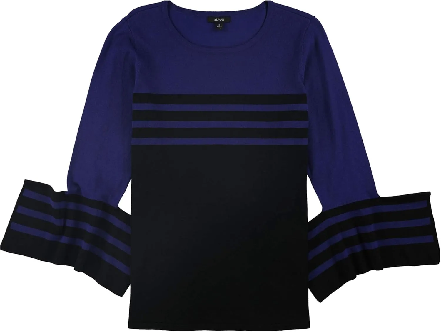 Alfani Womens Bell Sleeve Striped Pullover Sweater Black L