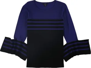 Alfani Womens Bell Sleeve Striped Pullover Sweater Black L