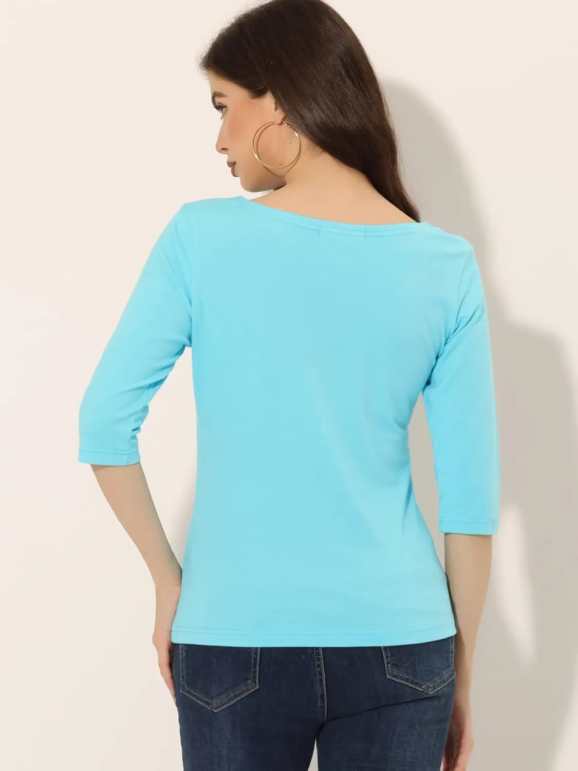 Allegra K Women's Casual Round Neck Elbow Sleeve t Shirts Slim Fit Blouses Tops Fashion