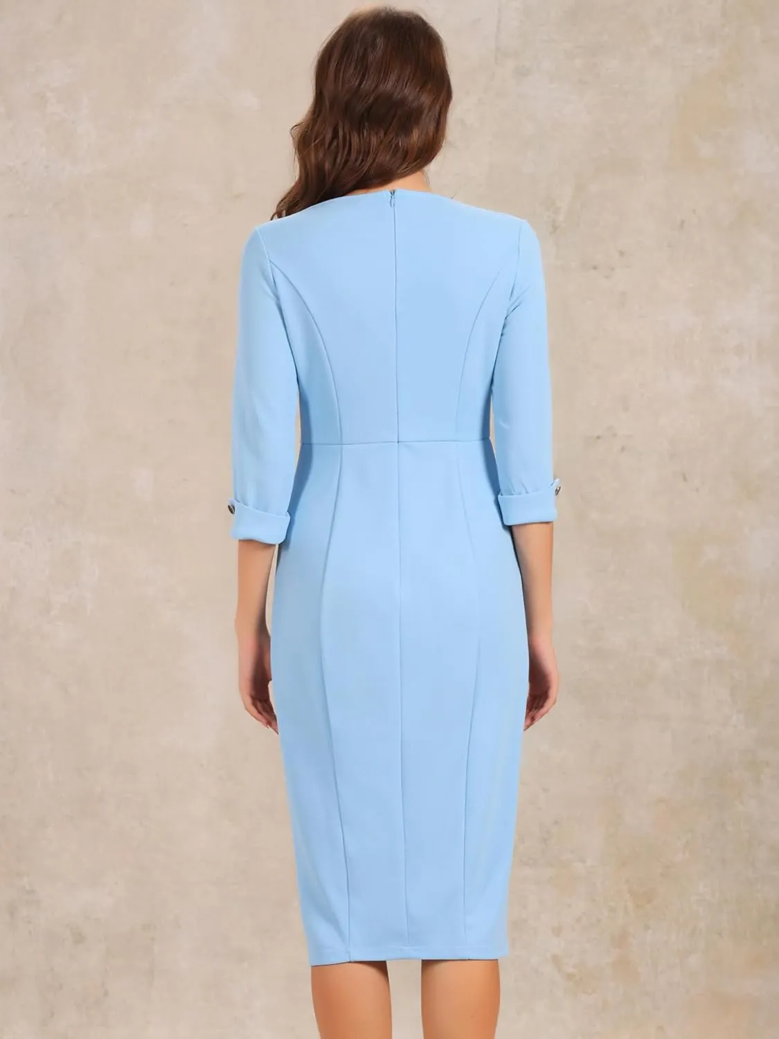 Allegra K Women's Elegant Boat Neck 3/4 Sleeves 2025 Wear to Work Midi Split Sheath Dress