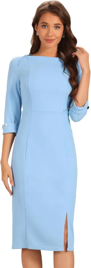 Allegra K Women's Elegant Boat Neck 3/4 Sleeves 2025 Wear to Work Midi Split Sheath Dress