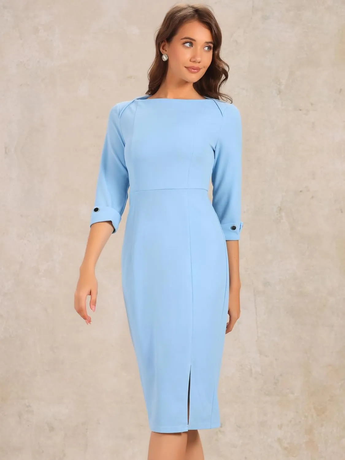 Allegra K Women's Elegant Boat Neck 3/4 Sleeves 2025 Wear to Work Midi Split Sheath Dress